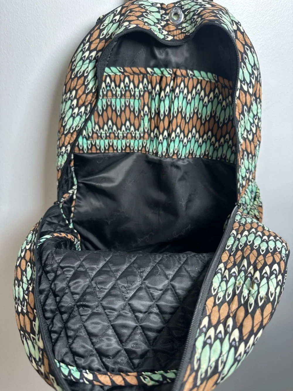 Vera Bradley Quilted Backpack Sierra Stream Mint, Brown & Black Geometric Print